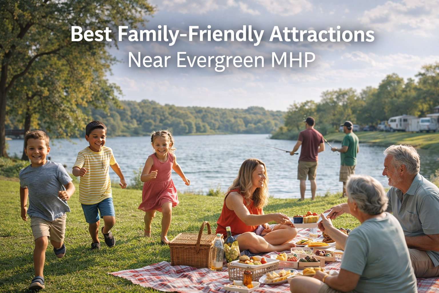 Families enjoying a sunny picnic and children playing near a lakeside park by Evergreen Mobile Home Park, while two men fish along the calm shoreline with RVs visible in the background under shade trees.