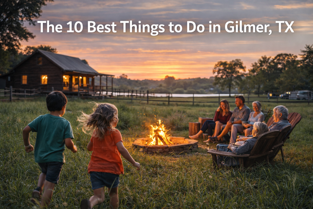 Family enjoying a peaceful evening around a fire pit near a rustic cabin at Rowdy Creek Ranch in Gilmer Texas while children run and play in the grassy countryside at sunset.