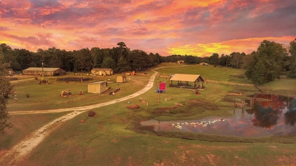 An aerial sunset view of Calie’s Acre in Gilmer, Texas, showing a farm landscape with a winding dirt path, small outbuildings, and a pond with ducks under a vibrant orange and pink sky.