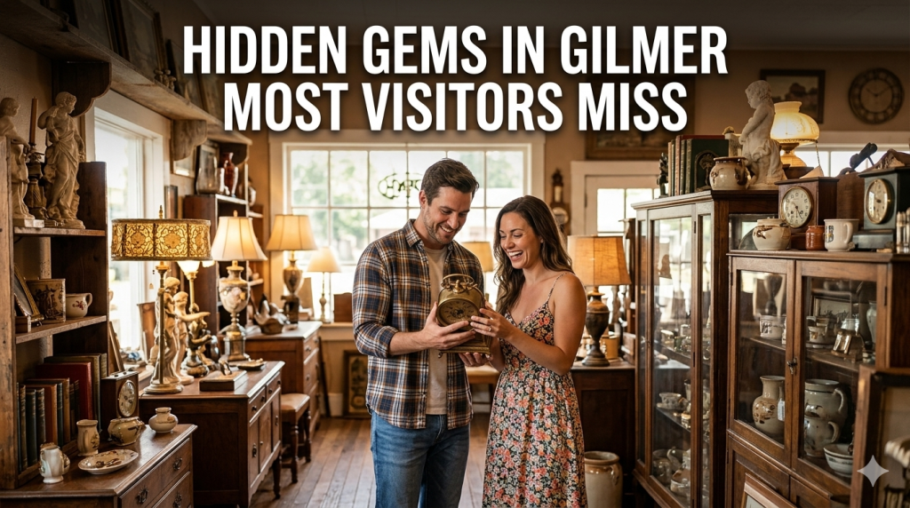 A man and woman smiling while examining a vintage gold clock inside a rustic antique shop in Gilmer, Texas, surrounded by wooden shelves filled with old books, classic lamps, and ornate sculptures.