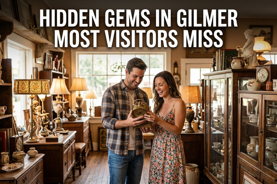 A man and woman smiling while examining a vintage gold clock inside a rustic antique shop in Gilmer, Texas, surrounded by wooden shelves filled with old books, classic lamps, and ornate sculptures.