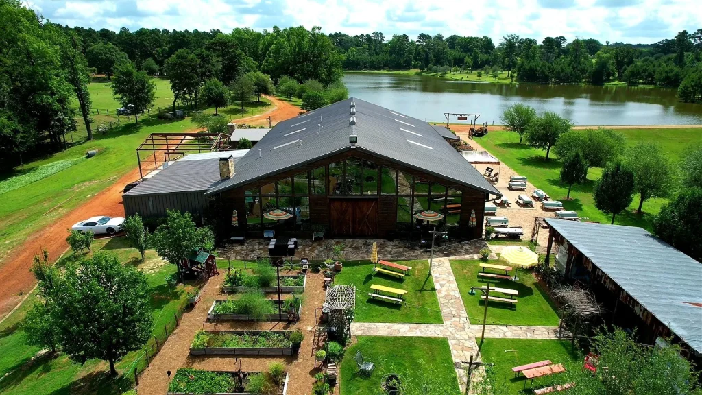 An aerial view of Los Pinos Ranch Vineyards in Gilmer, Texas, showing a large modern barn with a dark metal roof, surrounded by lush green trees