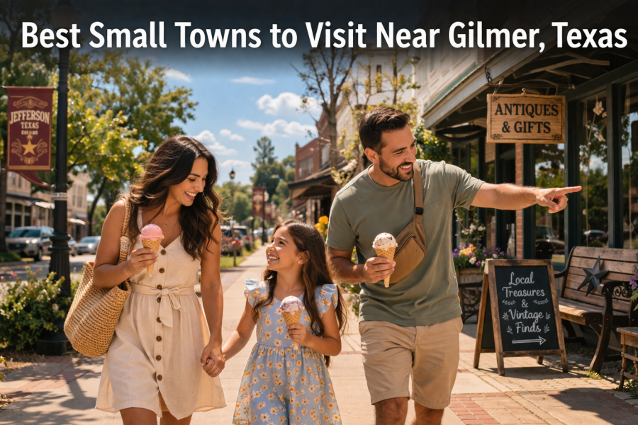 A beautiful collage showcasing the charming Small Towns Near Gilmer, featuring historic brick buildings, lush East Texas landscapes, and local landmarks that define the unique character of the region.