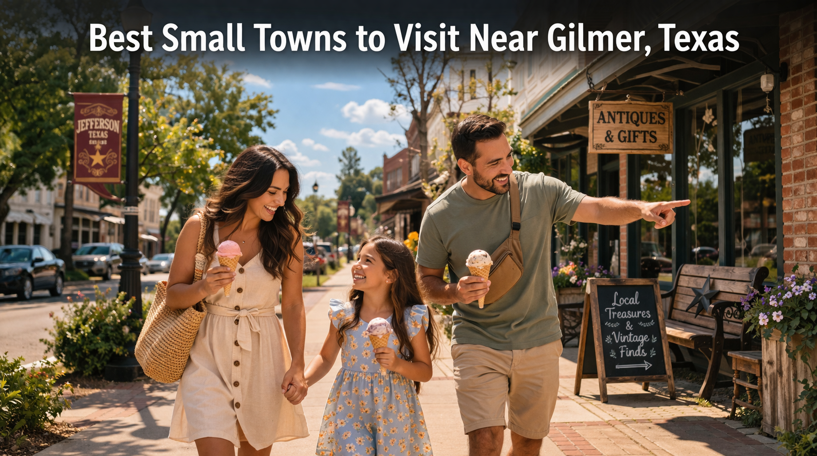 A beautiful collage showcasing the charming Small Towns Near Gilmer, featuring historic brick buildings, lush East Texas landscapes, and local landmarks that define the unique character of the region.