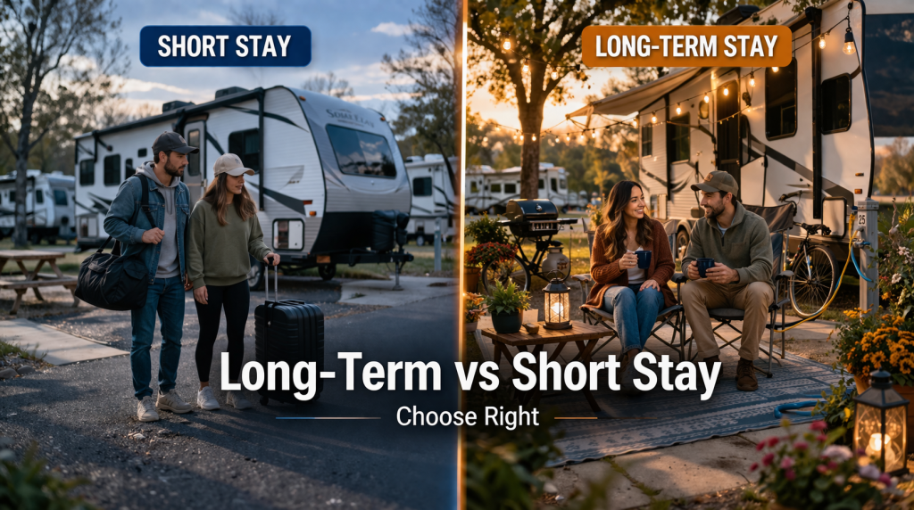 A side-by-side comparison image titled "Long-Term vs Short Stay RV Site," showing a couple arriving at a transit site with luggage for a short stay on the left, and a couple relaxing in a decorated, cozy campsite with string lights for a long-term stay on the right.