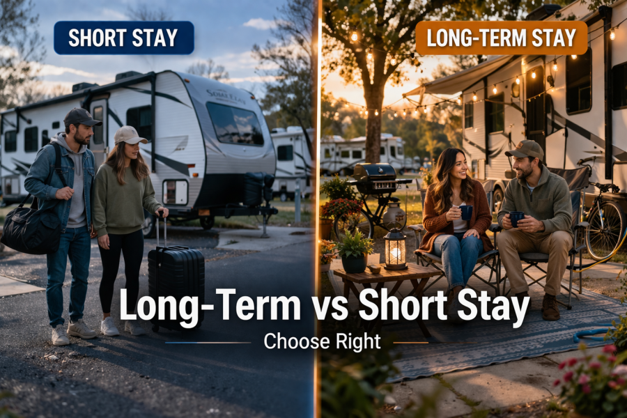 A side-by-side comparison image titled "Long-Term vs Short Stay RV Site," showing a couple arriving at a transit site with luggage for a short stay on the left, and a couple relaxing in a decorated, cozy campsite with string lights for a long-term stay on the right.