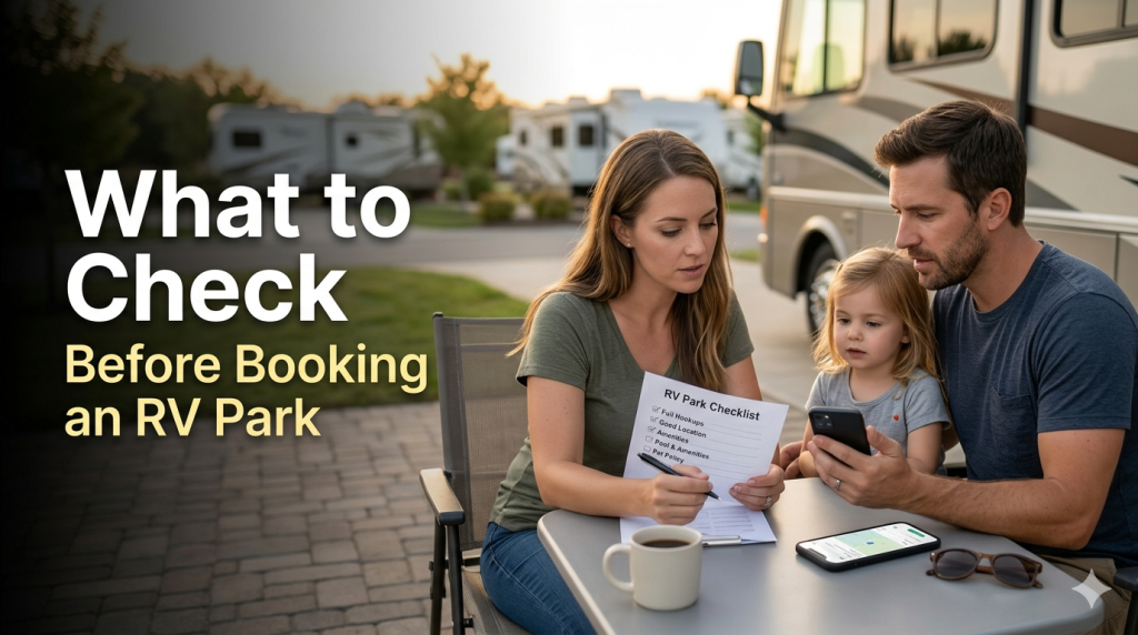 A family (mother, father, and young daughter) sits at an outdoor picnic table in an RV resort, reviewing a physical paper checklist titled 'RV Park Checklist' that details essentials like 'Full Hookups,' 'Location,' and 'Amenities' while also using a smartphone, with other recreational vehicles visible in the background