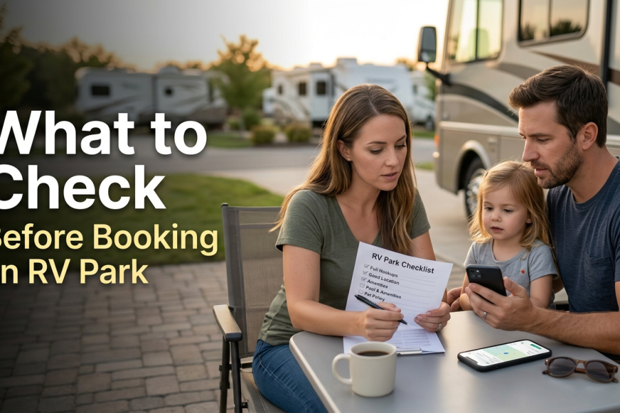 A family (mother, father, and young daughter) sits at an outdoor picnic table in an RV resort, reviewing a physical paper checklist titled 'RV Park Checklist' that details essentials like 'Full Hookups,' 'Location,' and 'Amenities' while also using a smartphone, with other recreational vehicles visible in the background