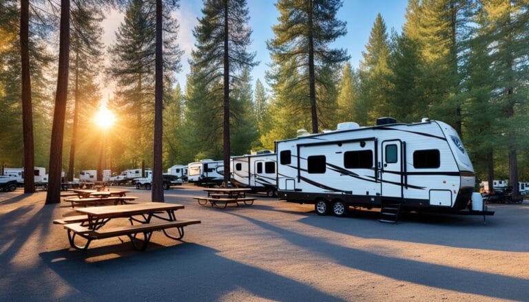 Several modern white travel trailers parked at a Full Hookup RV Park in Azle, Texas, featuring wooden picnic tables and surrounded by tall pine trees during a golden sunset.