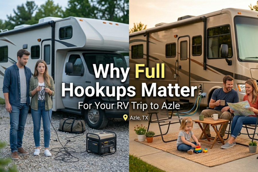 A side-by-side comparison titled "Why Full Hookups Matter," showing a stressed couple managing a loud generator while dry camping on the left, contrasted with a relaxed family enjoying a peaceful meal and map planning at a Full Hookup RV Park in Azle, TX, on the right.