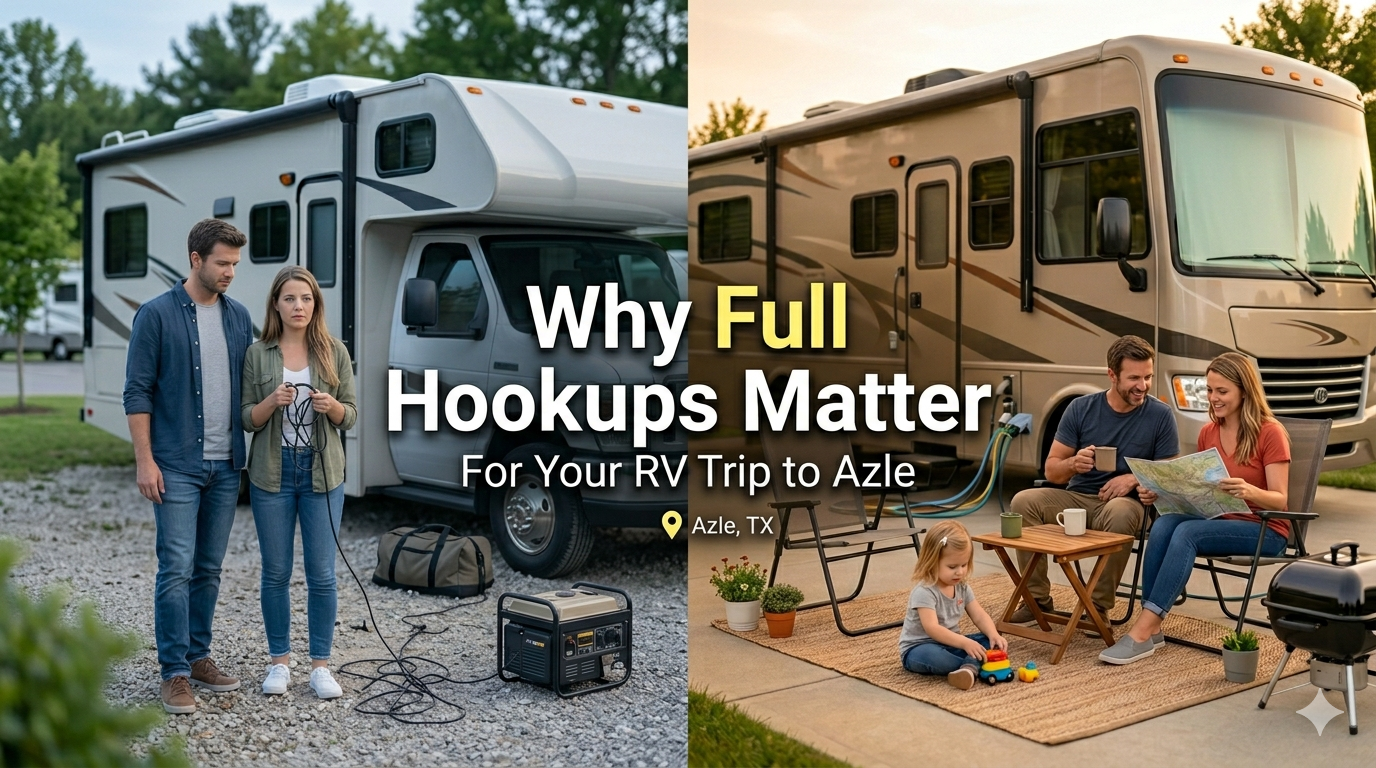A side-by-side comparison titled "Why Full Hookups Matter," showing a stressed couple managing a loud generator while dry camping on the left, contrasted with a relaxed family enjoying a peaceful meal and map planning at a Full Hookup RV Park in Azle, TX, on the right.