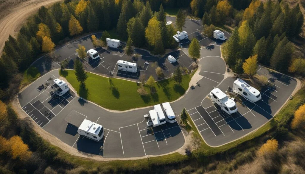 An aerial view of a modern, well-planned RV park featuring spacious paved sites with full hookups, circular driveways for easy maneuvering, and lush green landscaping surrounded by autumn trees.