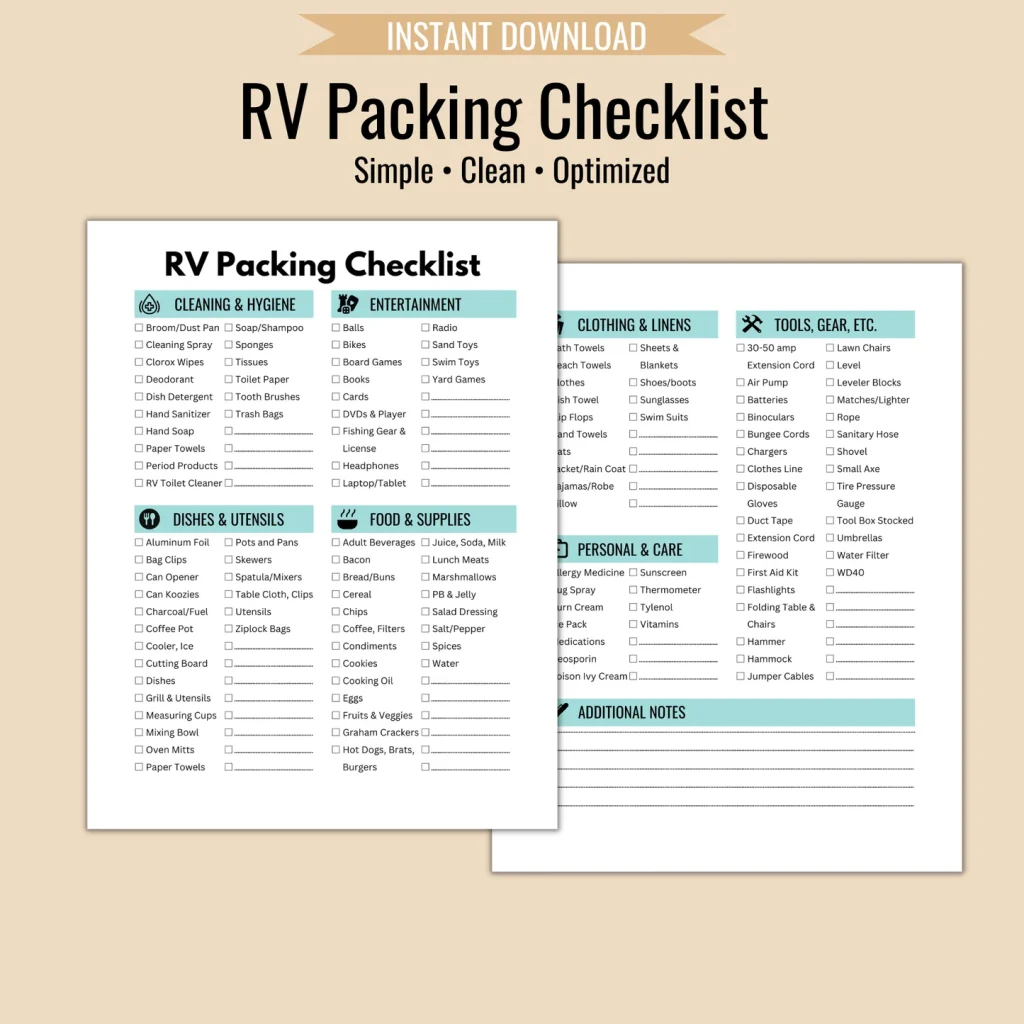 A clean and organized RV Packing Checklist featuring categories like Cleaning & Hygiene, Entertainment, Dishes & Utensils, and Food & Supplies, designed to help travelers prepare for a trip to Azle and Eagle Mountain Lake.
