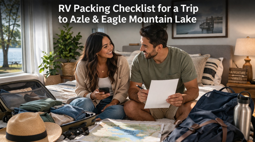 A happy couple sitting on a bed in a bright room, reviewing a physical RV Packing Checklist and a map of Eagle Mountain Lake while packing their suitcases and backpacks for an outdoor adventure in Azle.