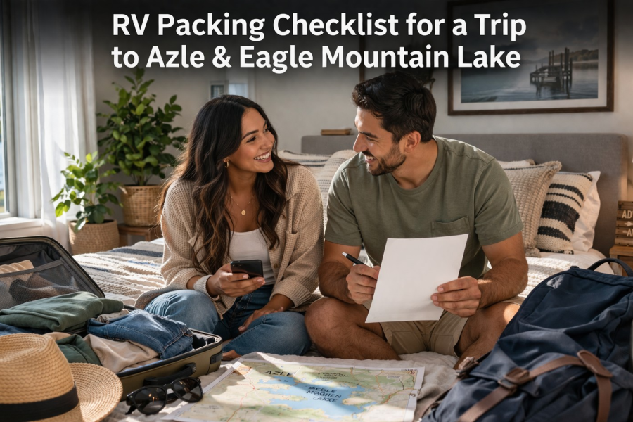A happy couple sitting on a bed in a bright room, reviewing a physical RV Packing Checklist and a map of Eagle Mountain Lake while packing their suitcases and backpacks for an outdoor adventure in Azle.