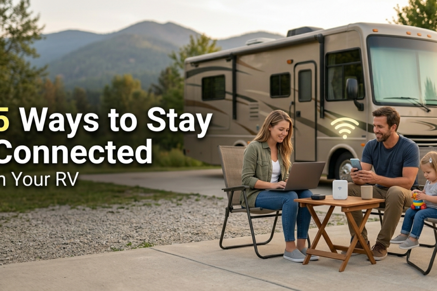 A family relaxing outside their motorhome at a scenic campsite, with the parents using a laptop and smartphone connected to a portable RV Wi-Fi router to stay connected while their young daughter plays nearby.