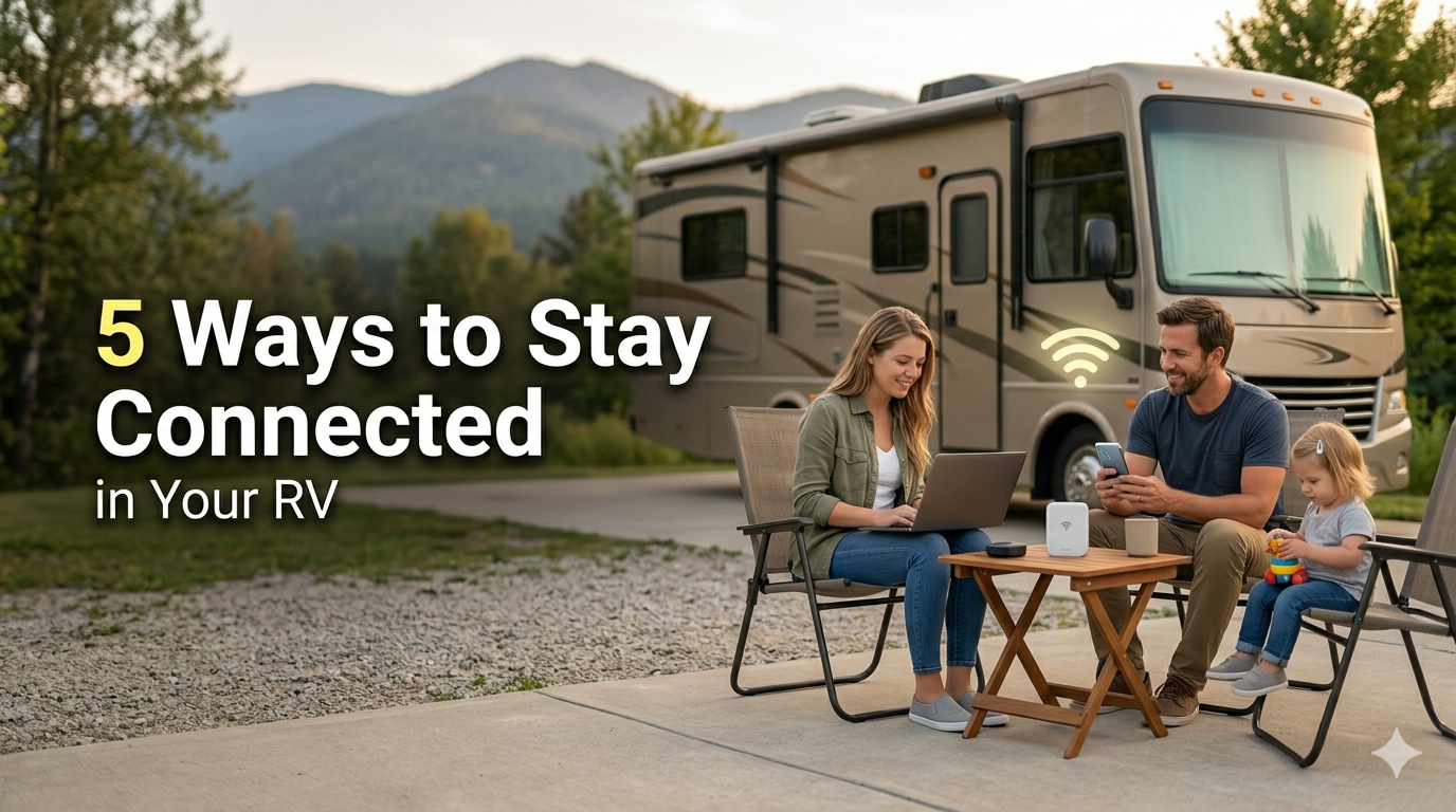 A family relaxing outside their motorhome at a scenic campsite, with the parents using a laptop and smartphone connected to a portable RV Wi-Fi router to stay connected while their young daughter plays nearby.