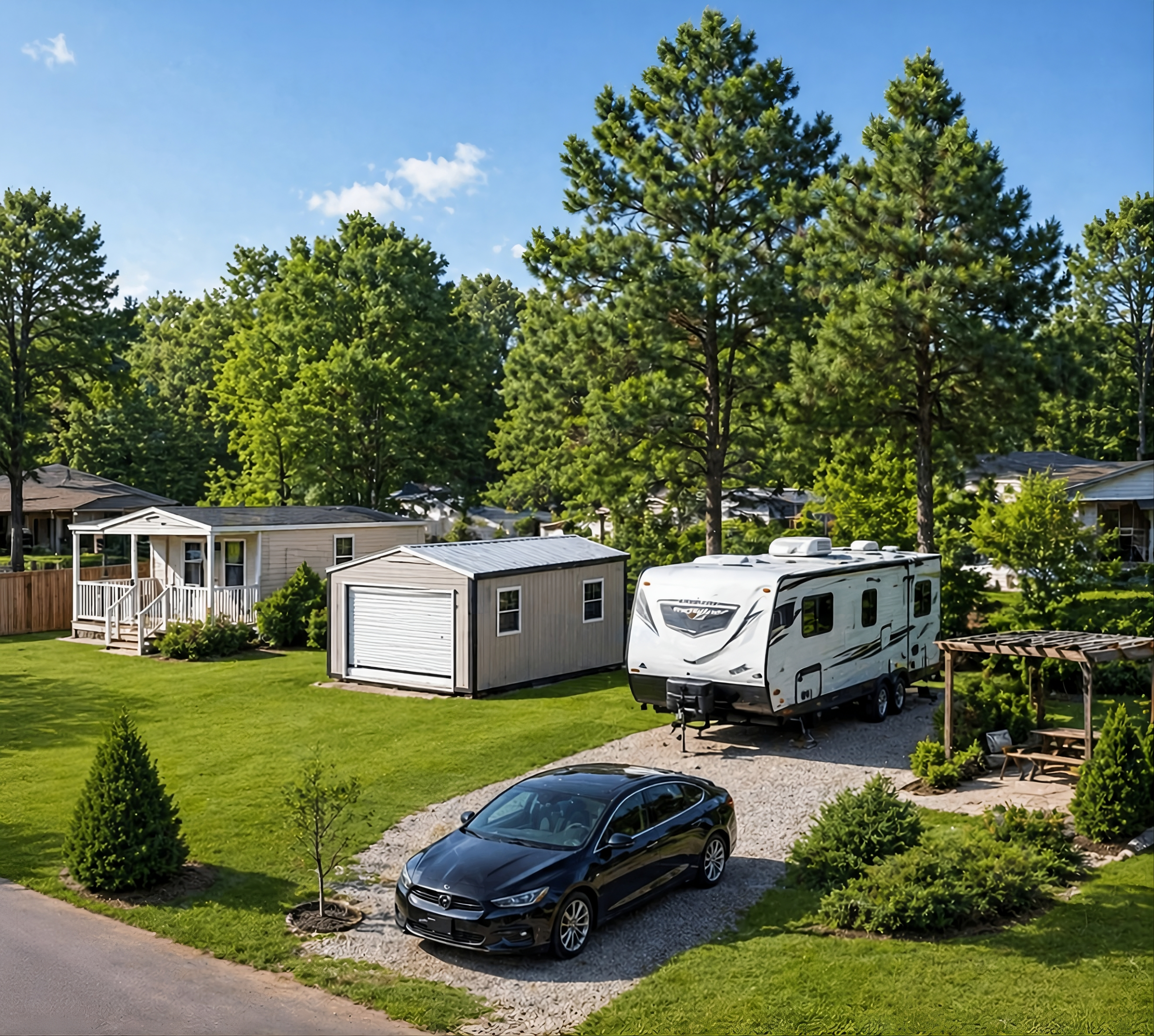 Community residents enjoying outdoor time in a peaceful mobile home park with tree-lined streets and well-maintained lots in East Texas